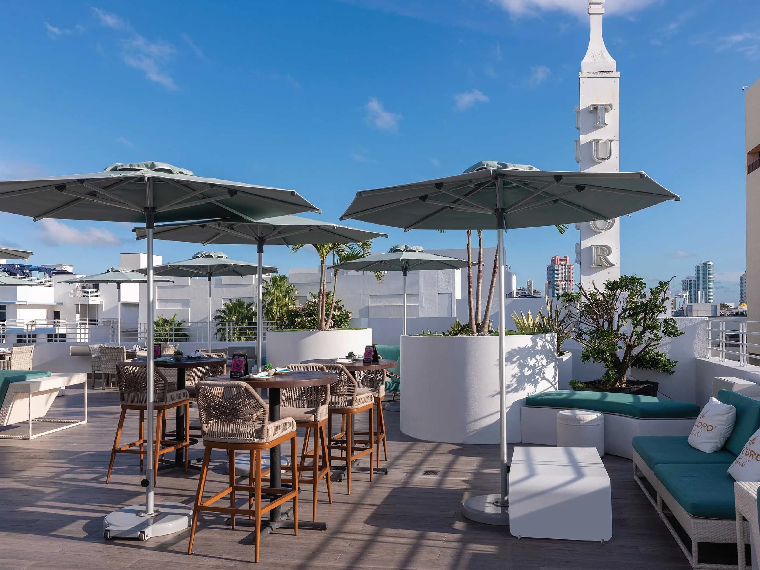 HighBar rooftop lounge — umbrellas, cabanas & skyline
